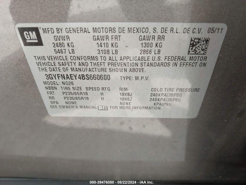 2011 Cadillac Srx Luxury Collection VIN: 3GYFNAEY4BS660600 Lot: 39476050