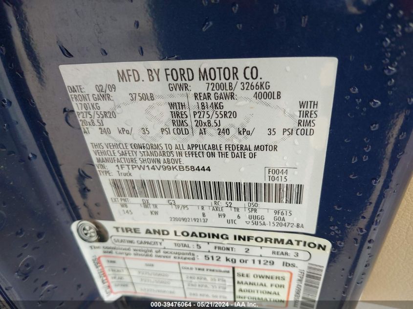 2009 Ford F-150 King Ranch VIN: 1FTPW14V99KB58444 Lot: 39476064