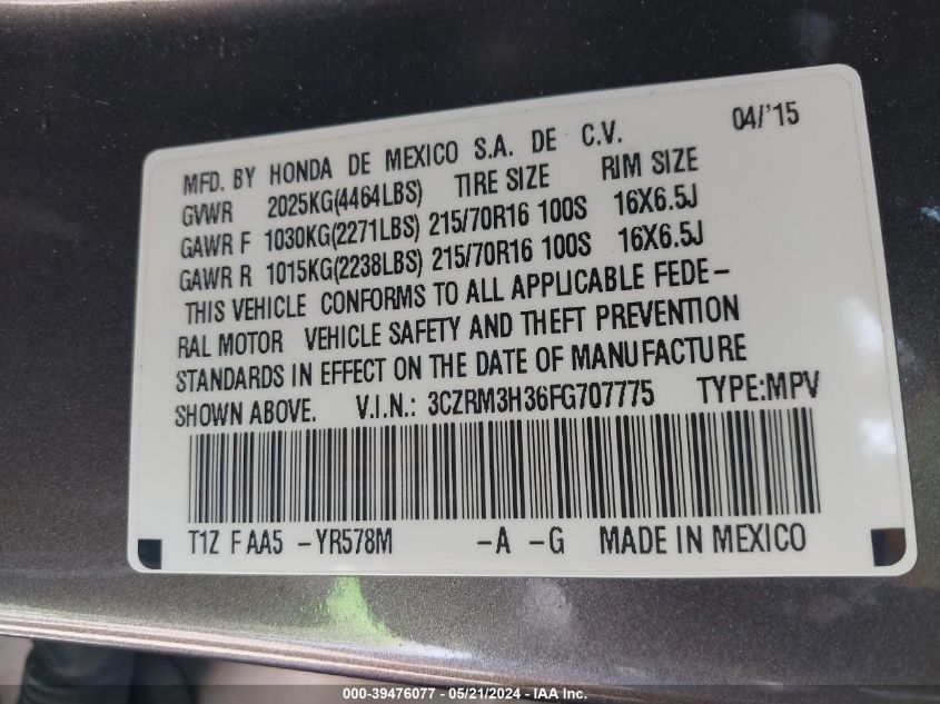 2015 Honda Cr-V Lx VIN: 3CZRM3H36FG707775 Lot: 39476077