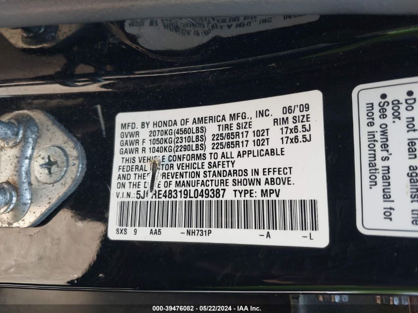 2009 Honda Cr-V Lx VIN: 5J6RE48319L049387 Lot: 39476082