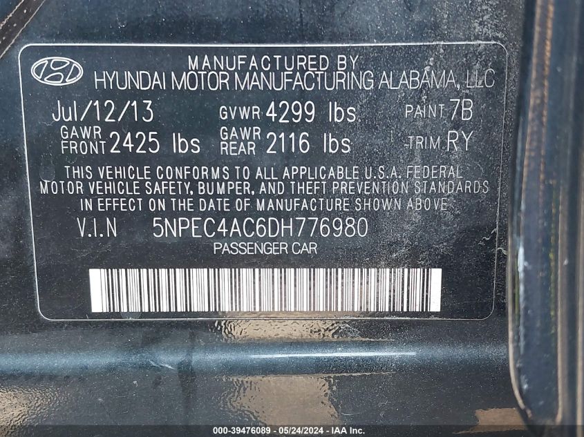 2013 Hyundai Sonata Limited VIN: 5NPEC4AC6DH776980 Lot: 39476089