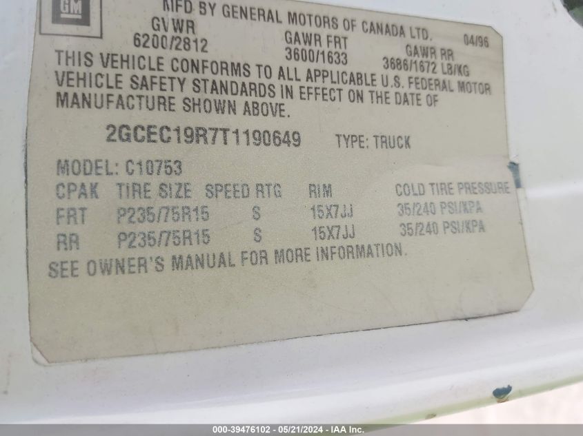 1996 Chevrolet Gmt-400 C1500 VIN: 2GCEC19R7T1190649 Lot: 39476102