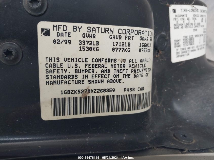 1999 Saturn Sl2 VIN: 1G8ZK5270XZ268359 Lot: 39476115