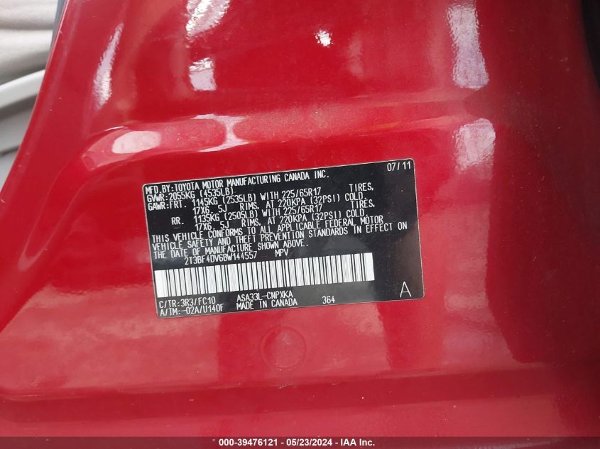 2011 Toyota Rav4 VIN: 2T3BF4DV6BW144557 Lot: 39476121