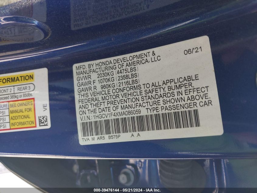 2021 Honda Accord Sport Special Edition VIN: 1HGCV1F4XMA086059 Lot: 39476144