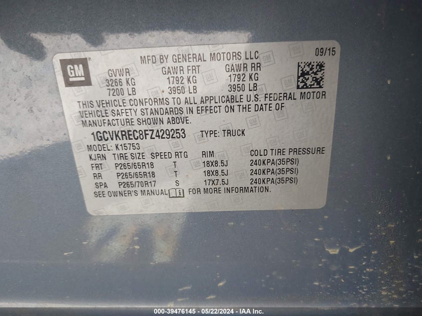 2015 Chevrolet Silverado 1500 2Lt VIN: 1GCVKREC8FZ429253 Lot: 39476145