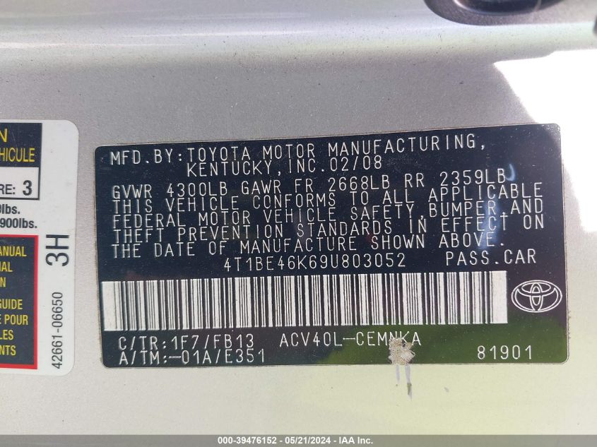 2009 Toyota Camry VIN: 4T1BE46K69U803052 Lot: 39476152