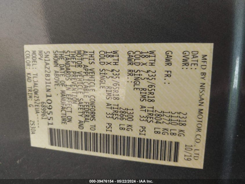 2020 Nissan Murano Sv Fwd VIN: 5N1AZ2BJ1LN109551 Lot: 39476154