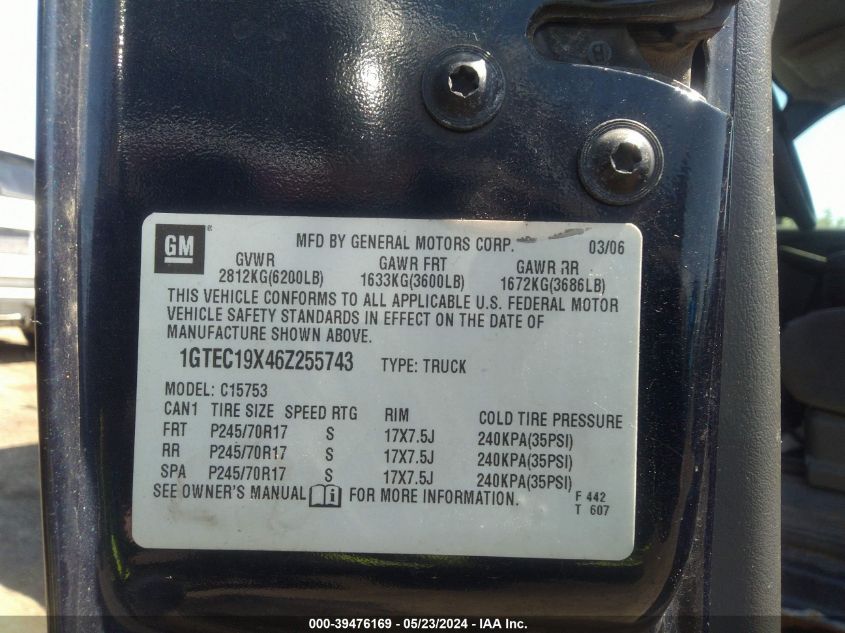 2006 GMC Sierra 1500 Work Truck VIN: 1GTEC19X46Z255743 Lot: 39476169
