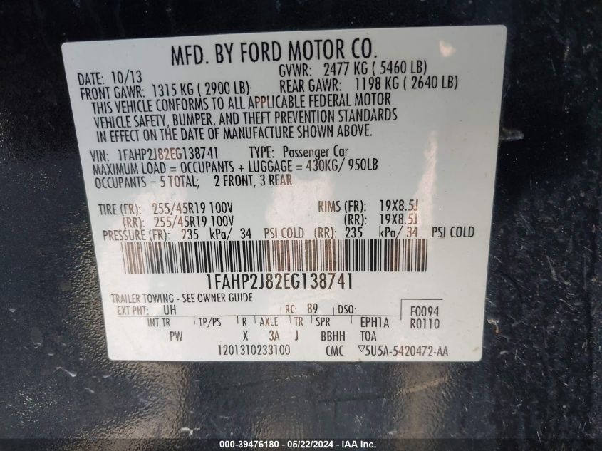 2014 Ford Taurus Limited VIN: 1FAHP2J82EG138741 Lot: 39476180