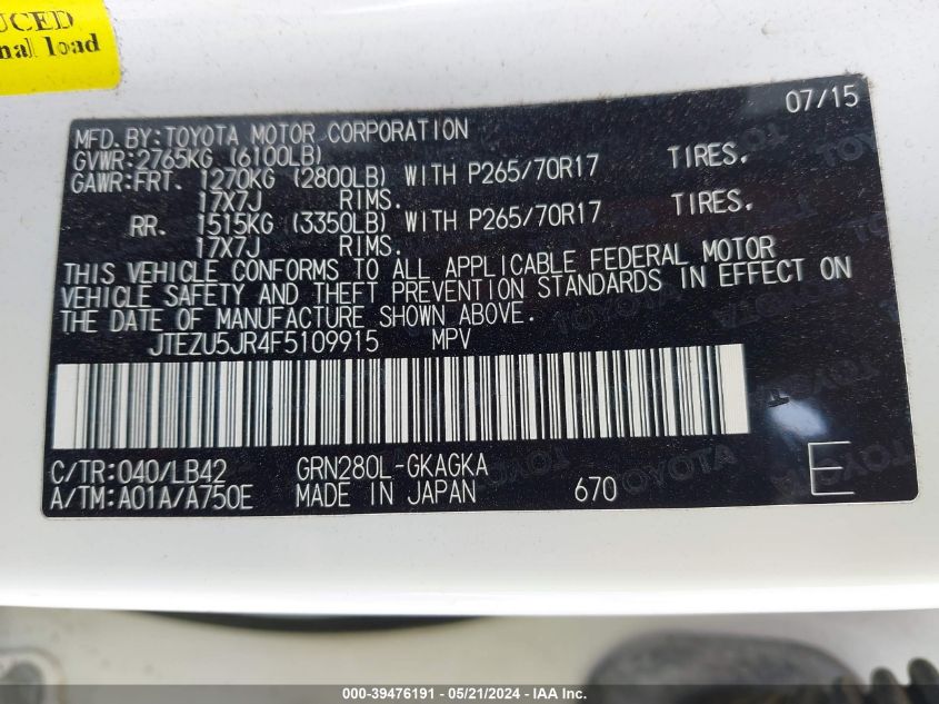 2015 Toyota 4Runner Sr5 Premium VIN: JTEZU5JR4F5109915 Lot: 39476191