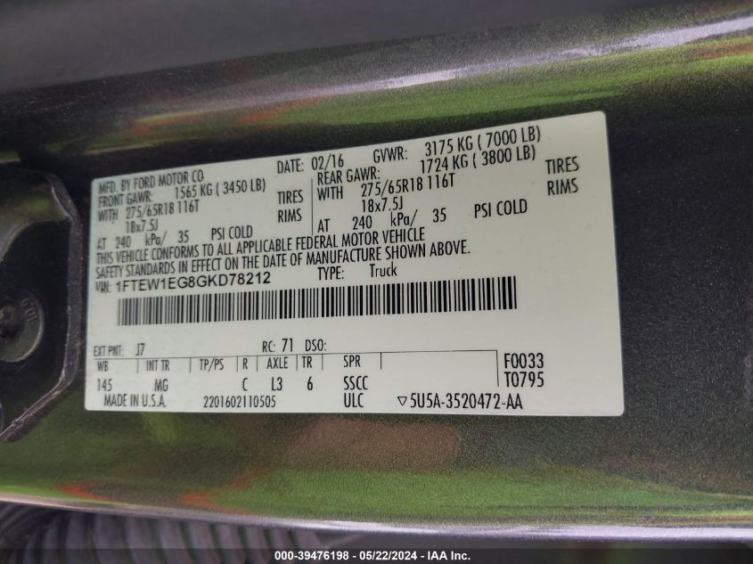 2016 Ford F-150 Xlt VIN: 1FTEW1EG8GKD78212 Lot: 39476198