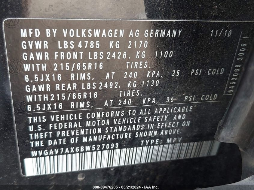 2011 Volkswagen Tiguan S VIN: WVGAV7AX6BW527093 Lot: 39476205