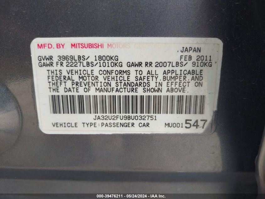 2011 Mitsubishi Lancer Es VIN: JA32U2FU9BU032751 Lot: 39476211