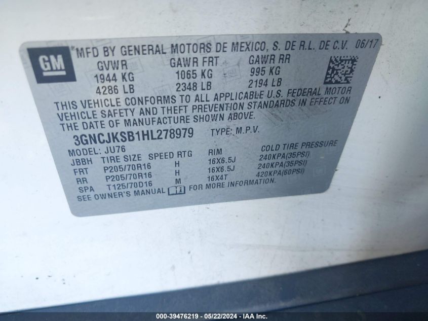 2017 Chevrolet Trax Ls VIN: 3GNCJKSB1HL278979 Lot: 39476219