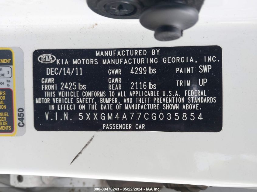 2012 Kia Optima Lx VIN: 5XXGM4A77CG035854 Lot: 39476243