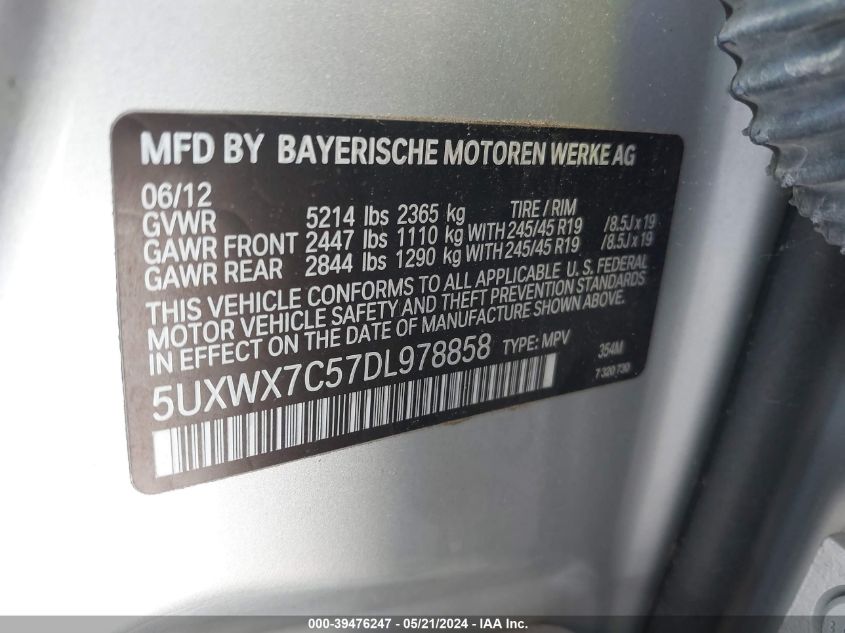 2013 BMW X3 xDrive35I VIN: 5UXWX7C57DL978858 Lot: 39476247