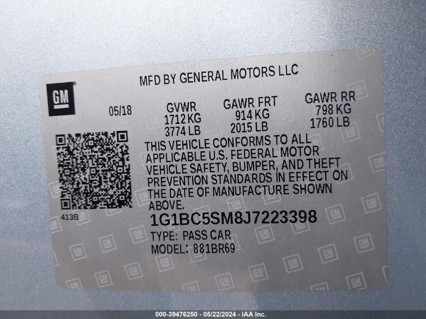 2018 Chevrolet Cruze Ls Auto VIN: 1G1BC5SM8J7223398 Lot: 39476250