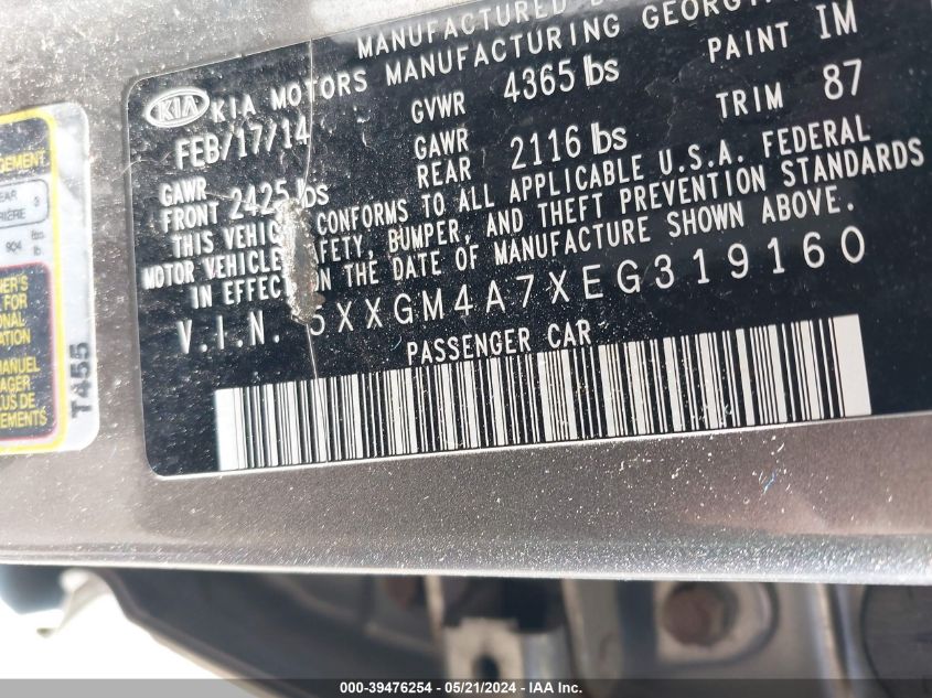 2014 Kia Optima Lx VIN: 5XXGM4A7XEG319160 Lot: 39476254