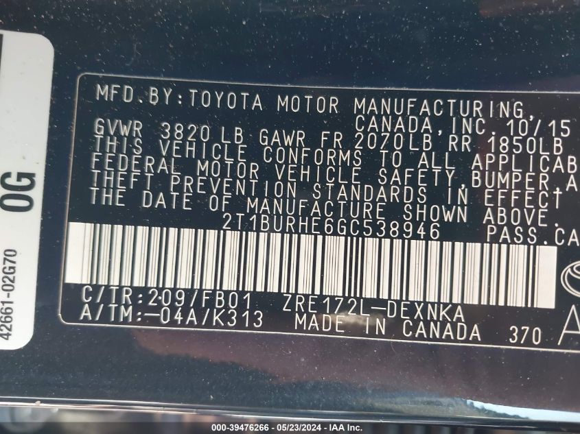 2016 Toyota Corolla Le VIN: 2T1BURHE6GC538946 Lot: 39476266