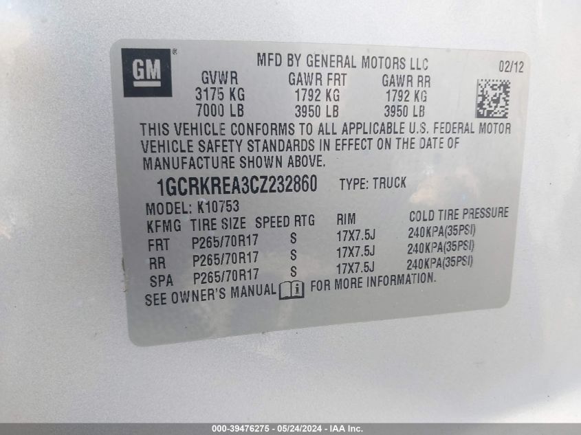 2012 Chevrolet Silverado 1500 Ls VIN: 1GCRKREA3CZ232860 Lot: 39476275