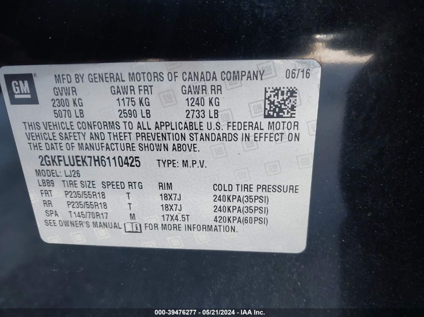 2017 GMC Terrain Slt VIN: 2GKFLUEK7H6110425 Lot: 39476277