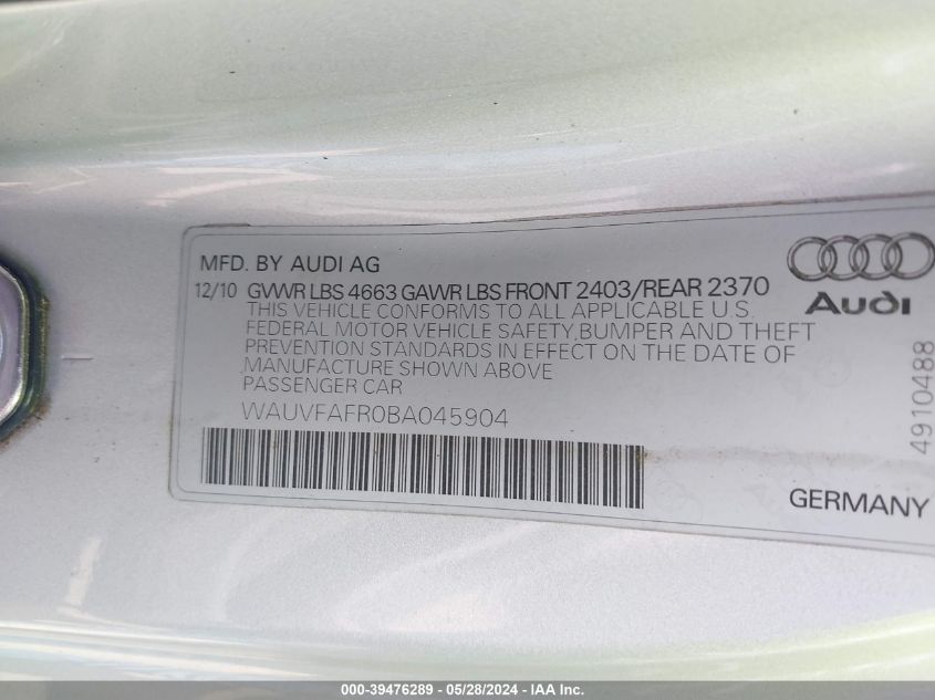 2011 Audi A5 2.0T Premium VIN: WAUVFAFR0BA045904 Lot: 39476289