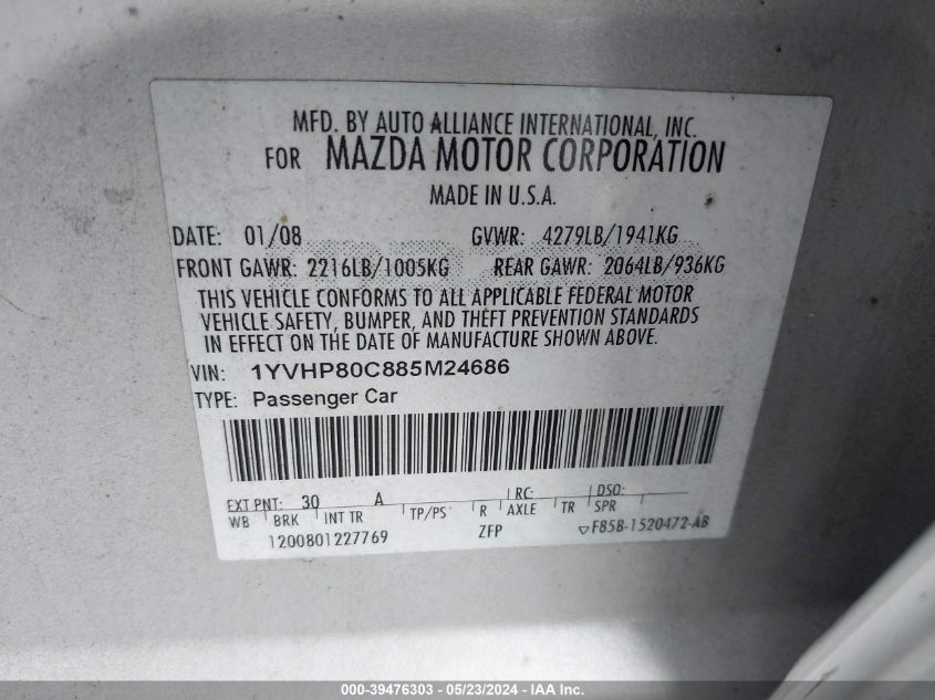 2008 Mazda Mazda6 I Sport Ve VIN: 1YVHP80C885M24686 Lot: 39476303