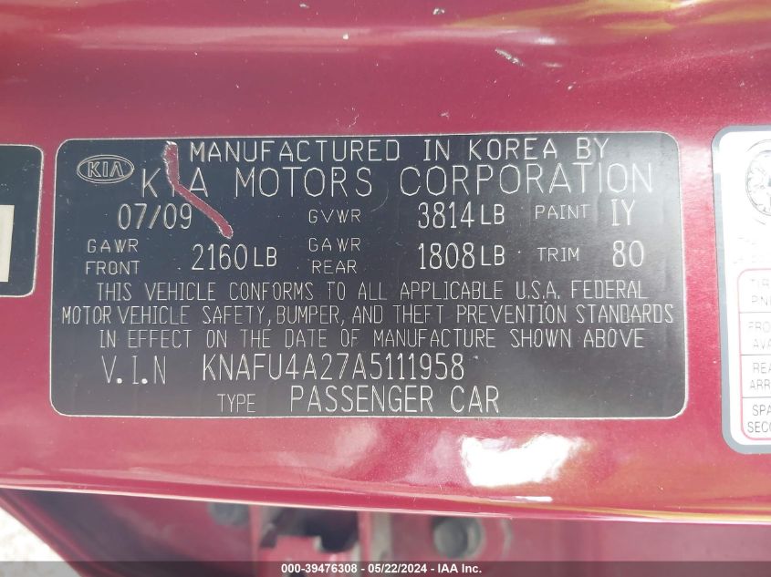 2010 Kia Forte Ex VIN: KNAFU4A27A5111958 Lot: 39476308