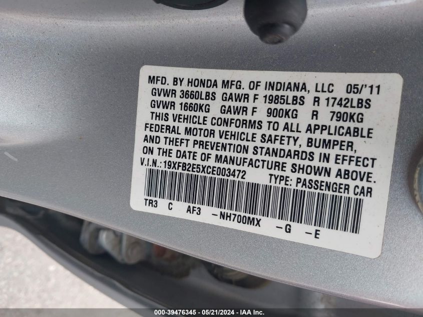 2012 Honda Civic Lx VIN: 19XFB2E5XCE003472 Lot: 39476345