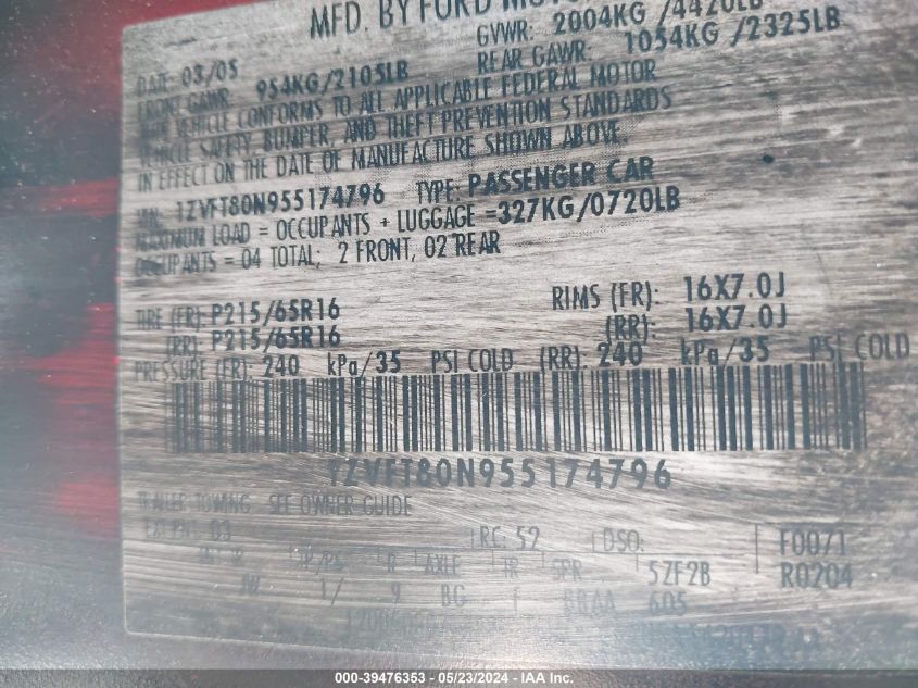 2005 Ford Mustang V6 Deluxe/V6 Premium VIN: 1ZVFT80N955174796 Lot: 39476353