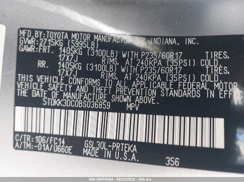 2011 Toyota Sienna Le V6 VIN: 5TDKK3DC0BS036859 Lot: 39476354