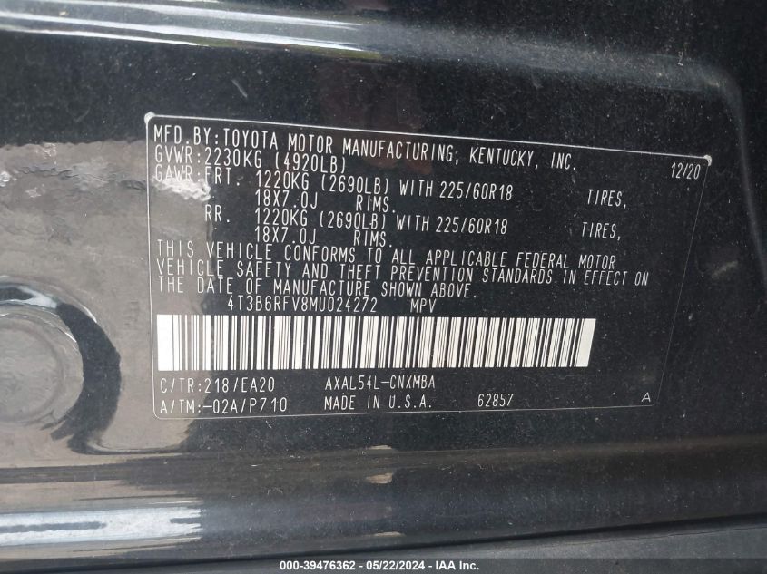 2021 Toyota Rav4 Xle Premium Hybrid VIN: 4T3B6RFV8MU024272 Lot: 39476362