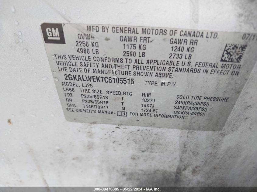 2012 GMC Terrain Slt-2 VIN: 2GKALWEK7C6105515 Lot: 39476385