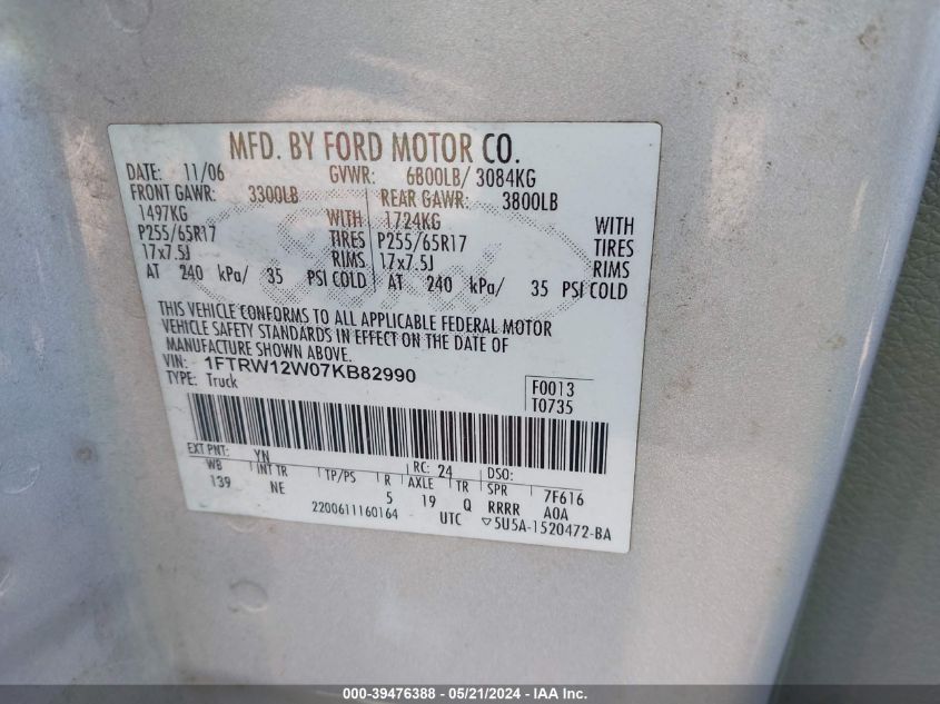 2007 Ford F-150 Xlt VIN: 1FTRW12W07KB82990 Lot: 39476388