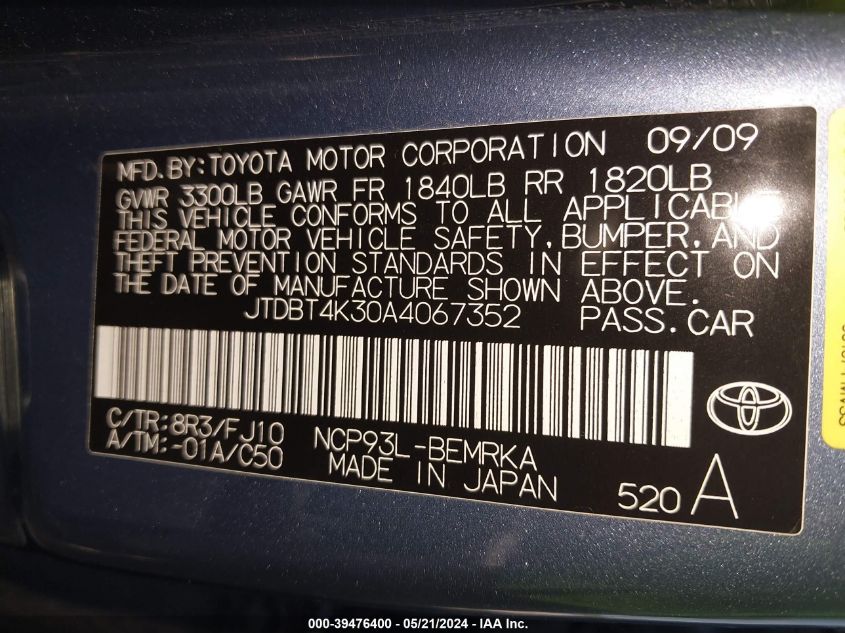 2010 Toyota Yaris VIN: JTDBT4K30A4067352 Lot: 39476400