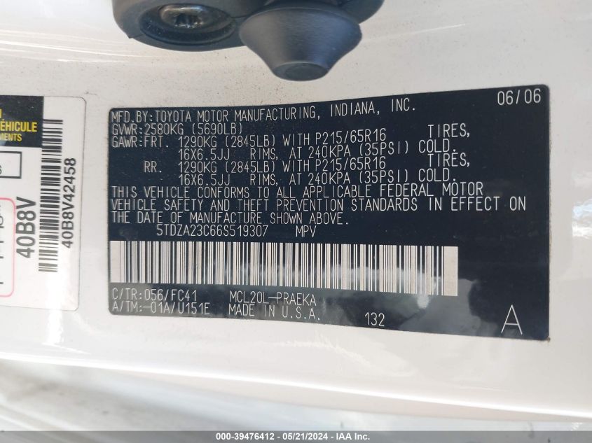 2006 Toyota Sienna Le VIN: 5TDZA23C66S519307 Lot: 39476412