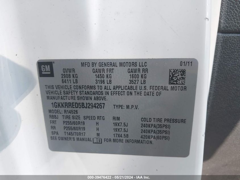 2011 GMC Acadia Slt-1 VIN: 1GKKRRED5BJ294267 Lot: 39476422