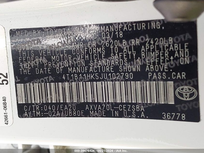 2018 TOYOTA CAMRY L/LE/XLE/SE/XSE - 4T1B11HK5JU027901