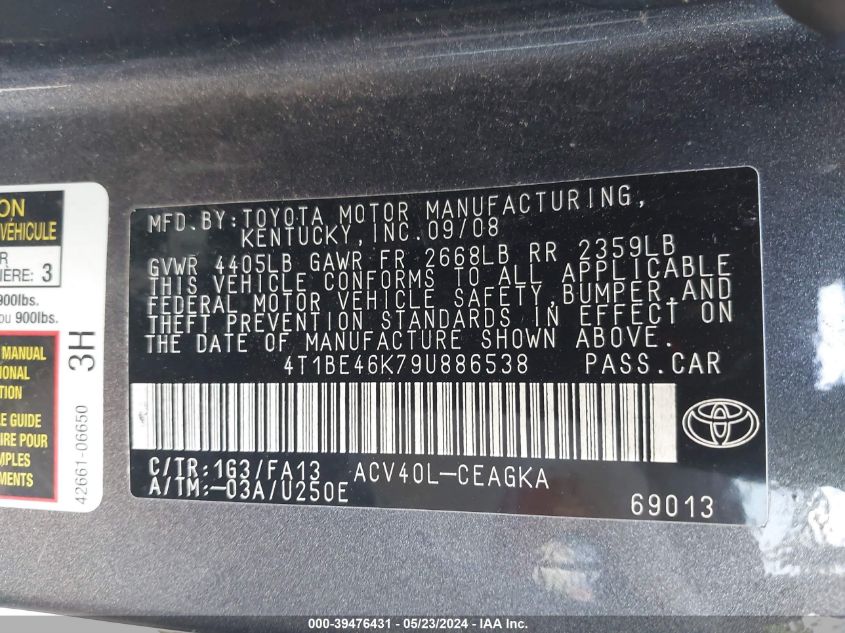 2009 Toyota Camry Xle VIN: 4T1BE46K79U886538 Lot: 39476431