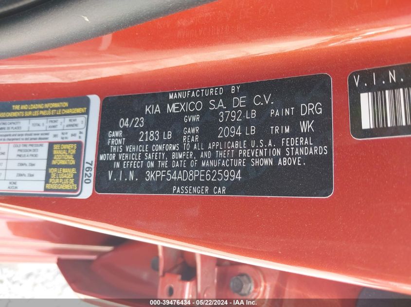 2023 Kia Forte Gt-Line VIN: 3KPF54AD8PE625994 Lot: 39476434