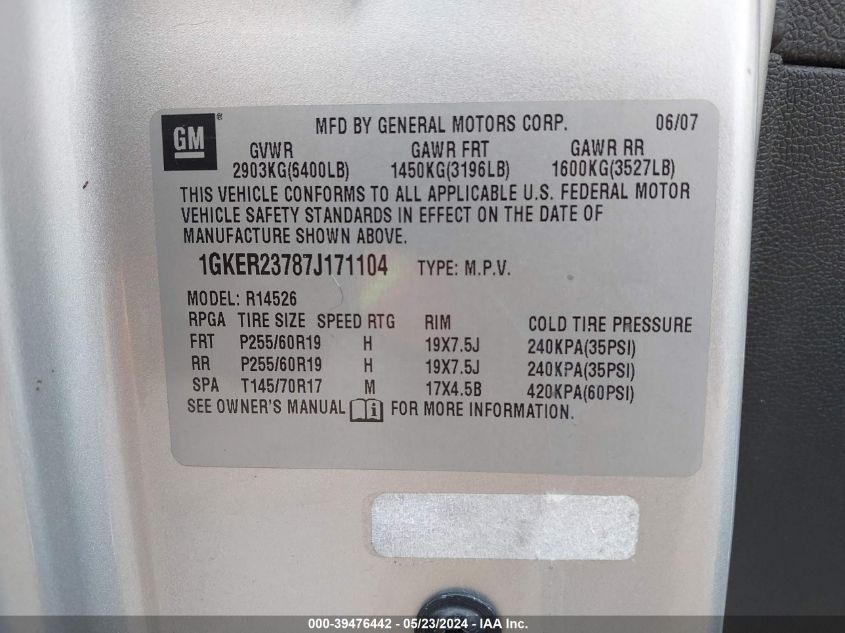 2007 GMC Acadia Slt-1 VIN: 1GKER23787J171104 Lot: 39476442