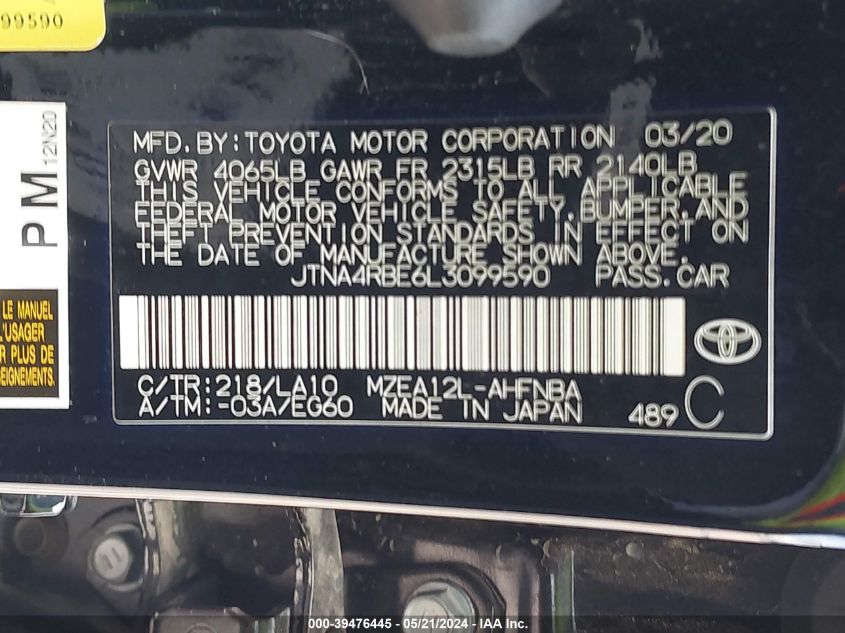 2020 Toyota Corolla Xse VIN: JTNA4RBE6L3099590 Lot: 39476445