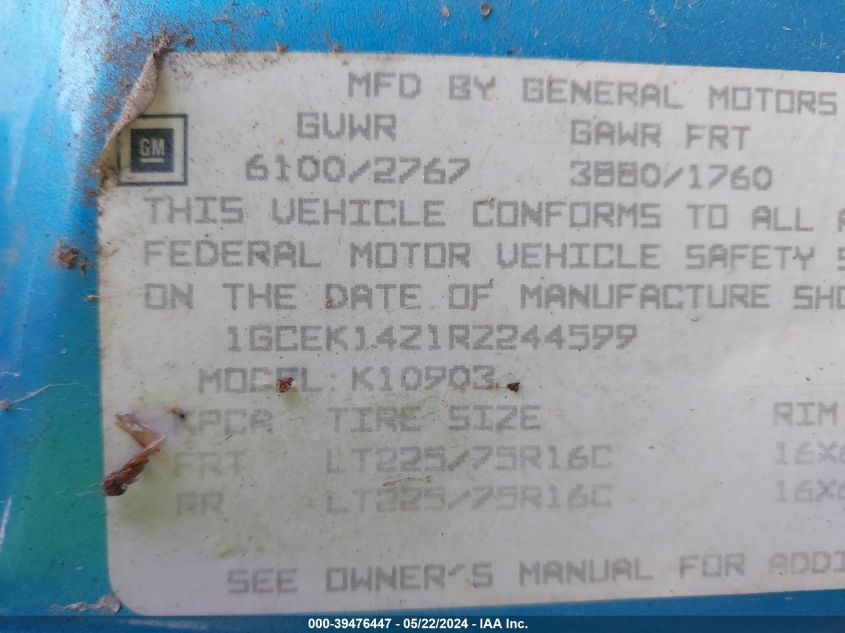 1994 Chevrolet Gmt-400 K1500 VIN: 1GCEK14Z1RZ244599 Lot: 39476447