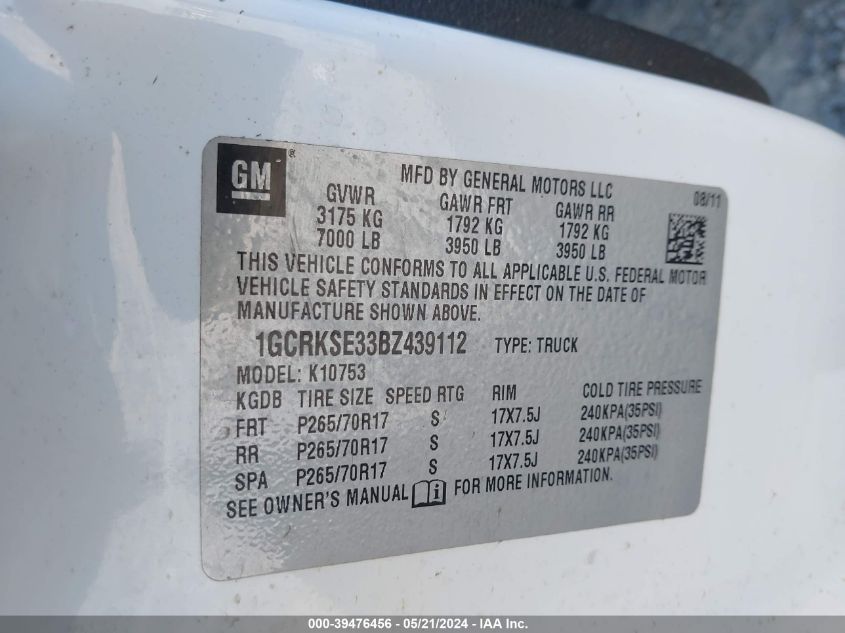 2011 Chevrolet Silverado 1500 Lt VIN: 1GCRKSE33BZ439112 Lot: 39476456