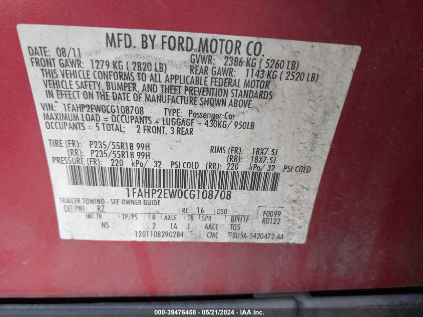 2012 Ford Taurus Sel VIN: 1FAHP2EW0CG108708 Lot: 39476458