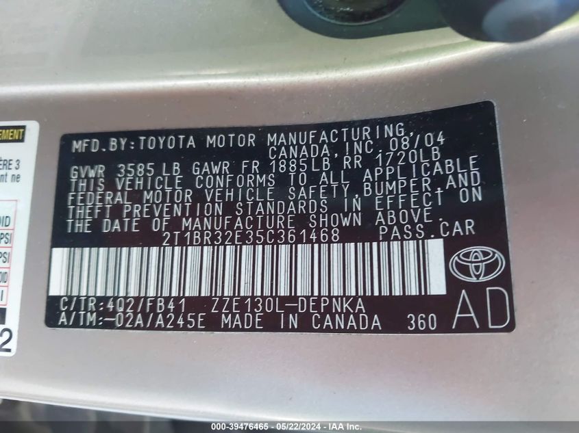 2005 Toyota Corolla Le VIN: 2T1BR32E35C361468 Lot: 39476465