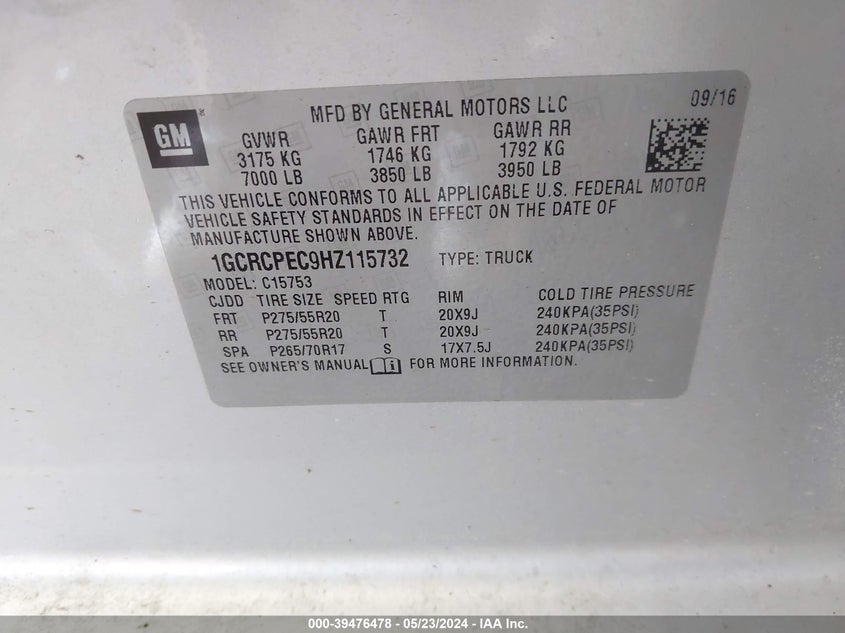 2017 Chevrolet Silverado 1500 Custom VIN: 1GCRCPEC9HZ115732 Lot: 39476478