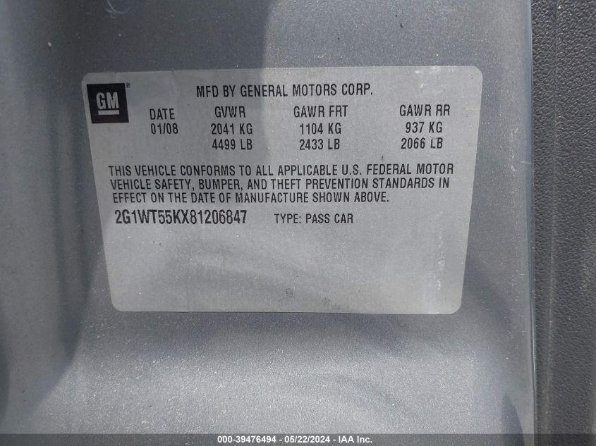 2008 Chevrolet Impala Lt VIN: 2G1WT55KX81206847 Lot: 39476494