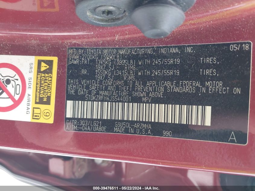 2018 Toyota Highlander Se VIN: 5TDKZRFH4JS544001 Lot: 39476511